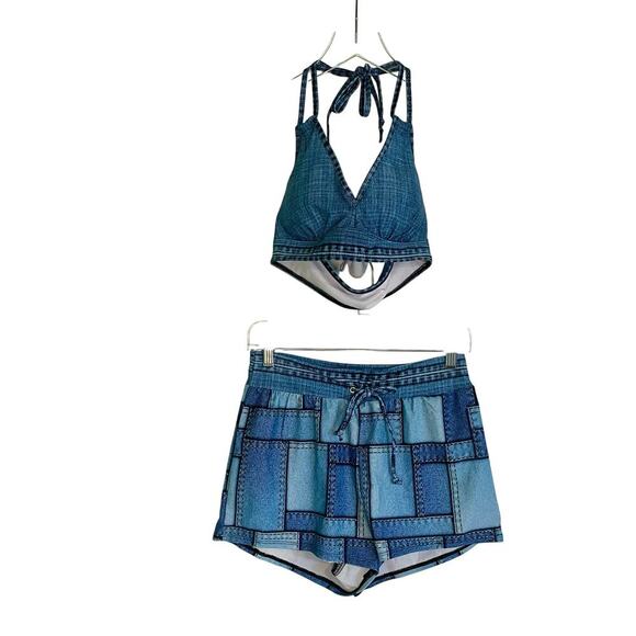 NWOT No Brand Denim Patches High Waisted Halter Bikini Shorts Women's Size Small - Picture 2 of 12